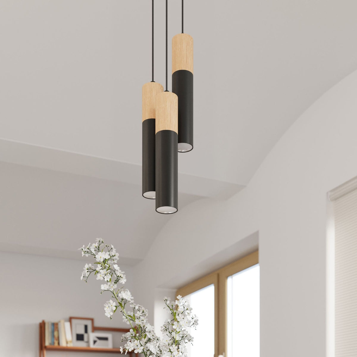 Suspension Pablo 3 sources noire en acier et bois, vue d'ensemble