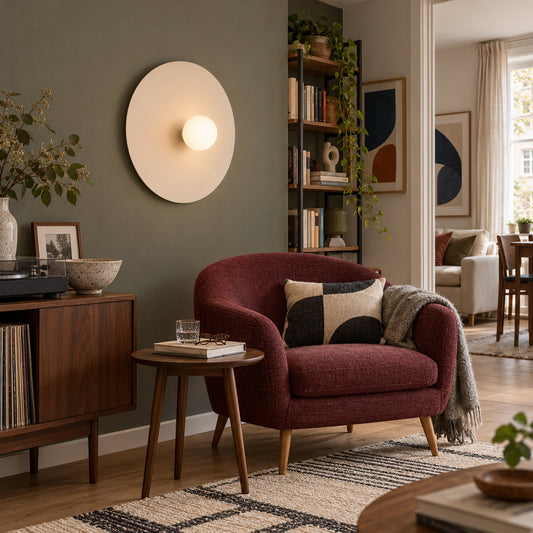 Applique Ake beige Ø 50 cm au-dessus d'un fauteuil dans un salon