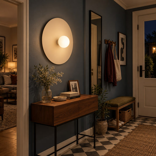 Applique Ake beige allumée dans une entrée au mur bleu