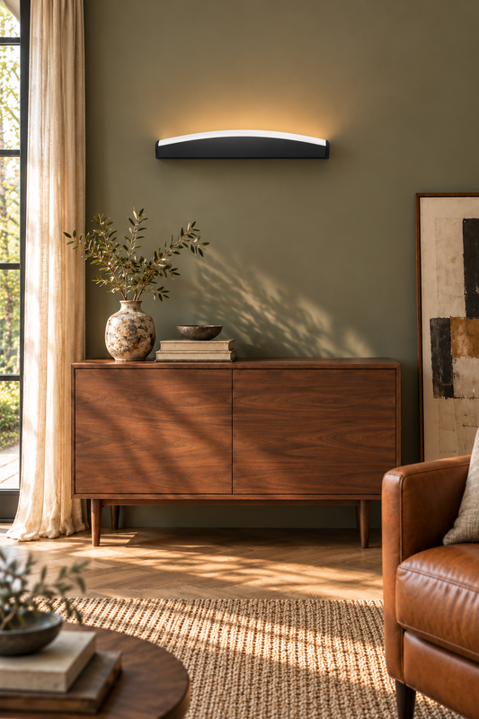 Applique Jorun noire au-dessus d'un buffet en noyer, salon vert sauge
