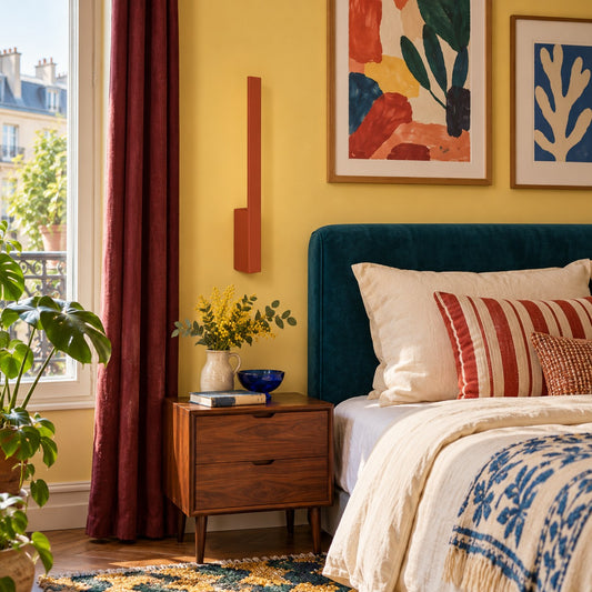 Applique Lahti ocre rouge éteinte dans une chambre jaune
