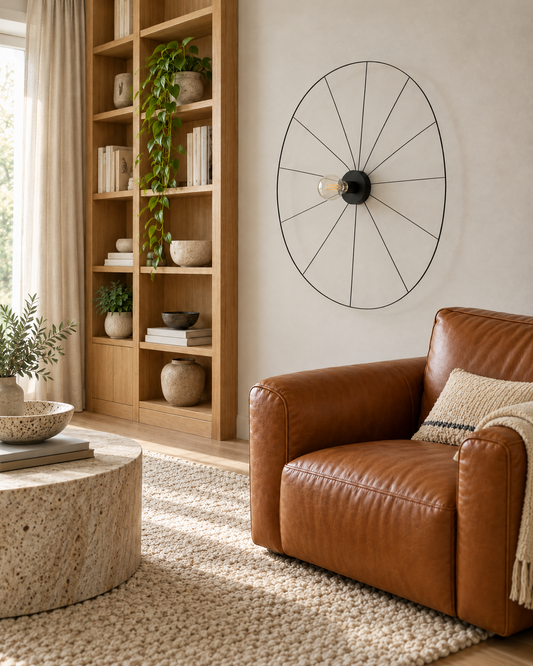 Applique Eskola noire au-dessus d'un fauteuil en cuir, salon vu de trois quarts