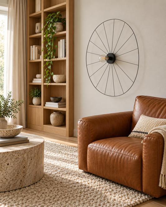 Applique Eskola noire au-dessus d'un fauteuil en cuir, salon vu de trois quarts