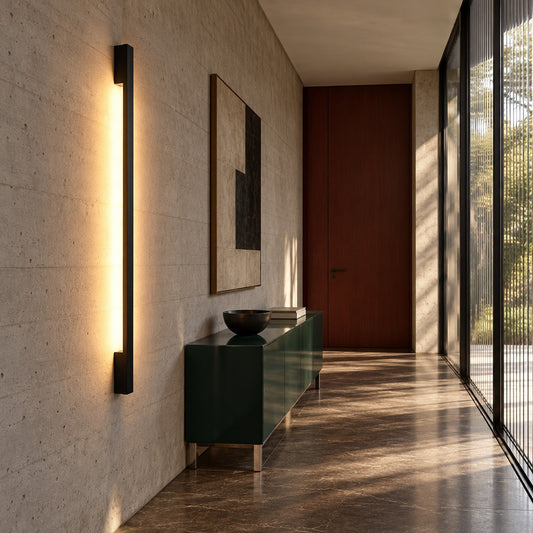 Applique Sappo noire dans un couloir en béton avec console jade