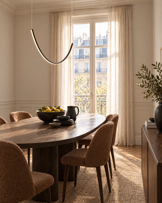 Suspension Alvar noire vue vers la fenêtre, salle à manger parisienne ensoleillée