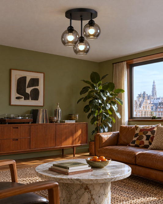 Plafonnier Alino métal noir et globes en verre fumé dans un salon vert olive