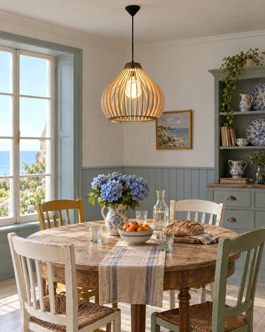 Suspension Aprilla en bois naturel allumée au-dessus d'une table ronde dans une salle à manger de maison en bord de mer
