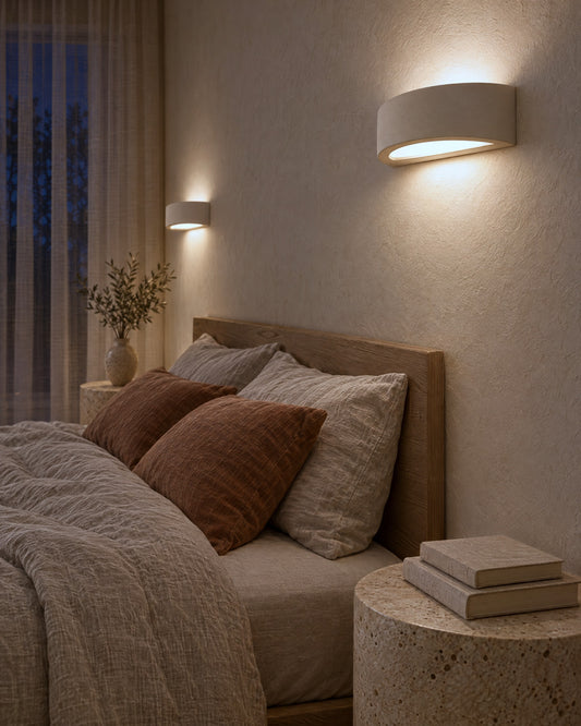 Appliques Atena en céramique allumées le soir dans une chambre