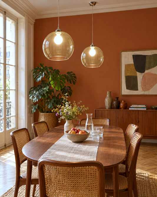 Deux suspensions Ball en verre soufflé champagne allumées au-dessus d'une table en noyer dans une salle à manger aux murs terracotta