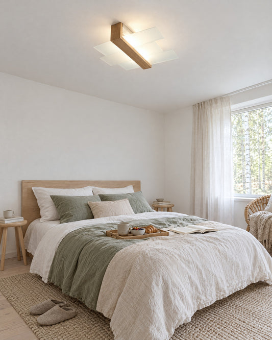 Plafonnier Feniks bois naturel et verre au plafond dans une chambre nordique