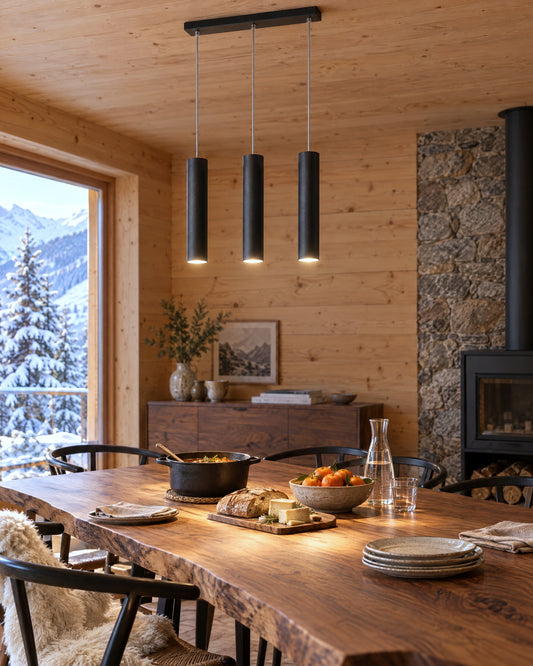 Suspension Lagos 3 lumières noire au-dessus d'une table en noyer dans une salle à manger de chalet