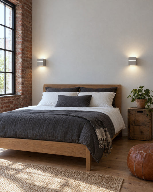 Paire d'appliques cubes Leo Line en céramique dans une chambre loft avec briques