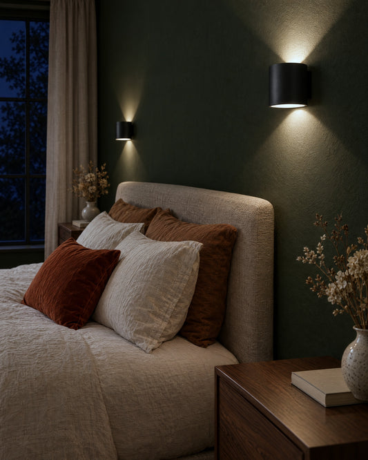 Applique Orbis noire allumée le soir dans une chambre