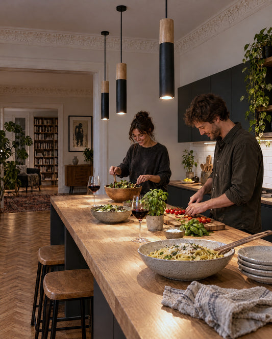 Suspensions Pablo noires allumées le soir pendant la préparation du dîner dans une cuisine