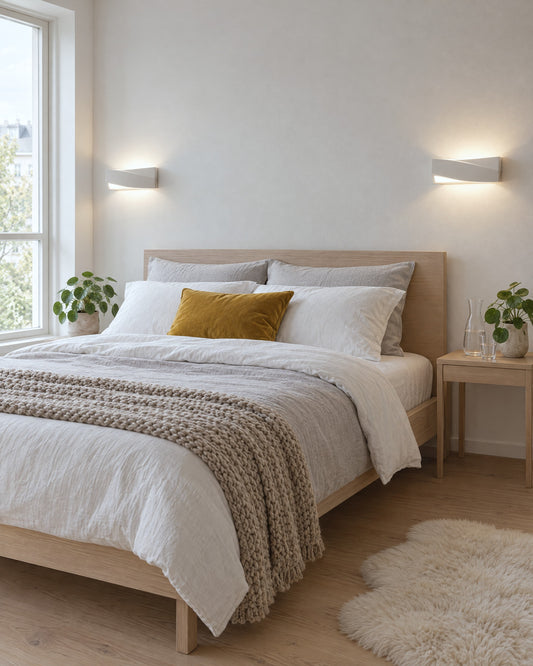 Paire d'appliques Sigma en céramique de chaque côté du lit dans une chambre scandinave