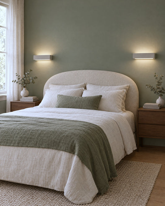 Paire d'appliques Vega en céramique de chaque côté du lit dans une chambre vert sauge