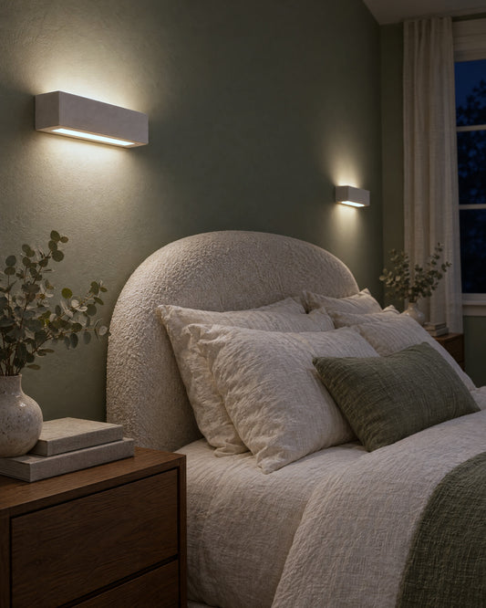 Applique Vega en céramique allumée le soir dans une chambre