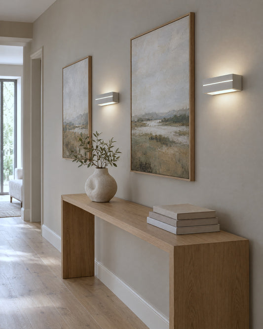 Appliques Vega Line en céramique entre deux tableaux dans un couloir