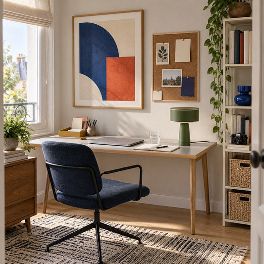 Lampe à poser Axo vert olive sur un bureau lumineux