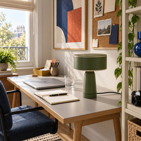 Lampe Axo vert olive à abat-jour rotatif, vue rapprochée sur un bureau
