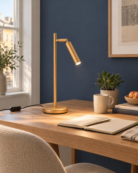 Lampe Pastelo dorée allumée sur une table de travail dans un bureau