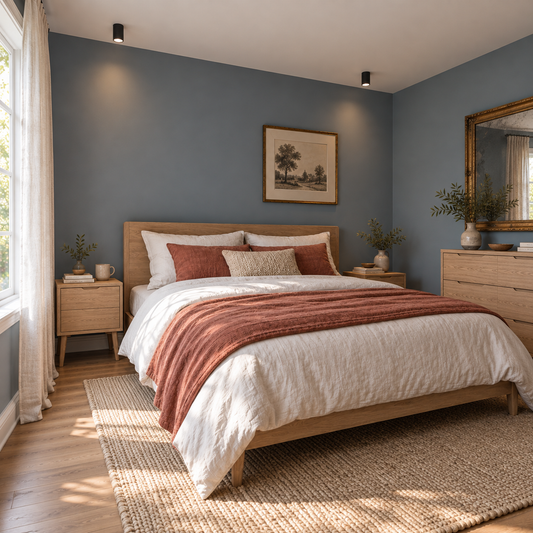 Plafonniers Ivar noirs au-dessus d'un lit, chambre bleu-gris vue de trois quarts