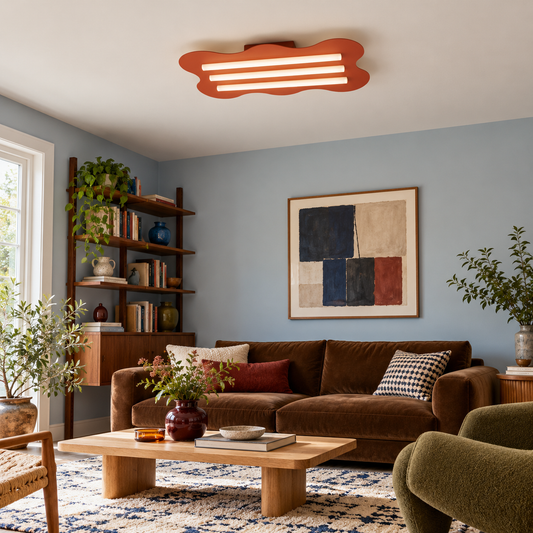 Plafonnier Klover ocre rouge dans un salon bleu ciel avec canapé en velours