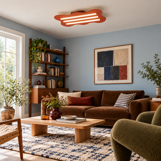 Plafonnier Klover ocre rouge vu de trois quarts dans un salon bleu ciel