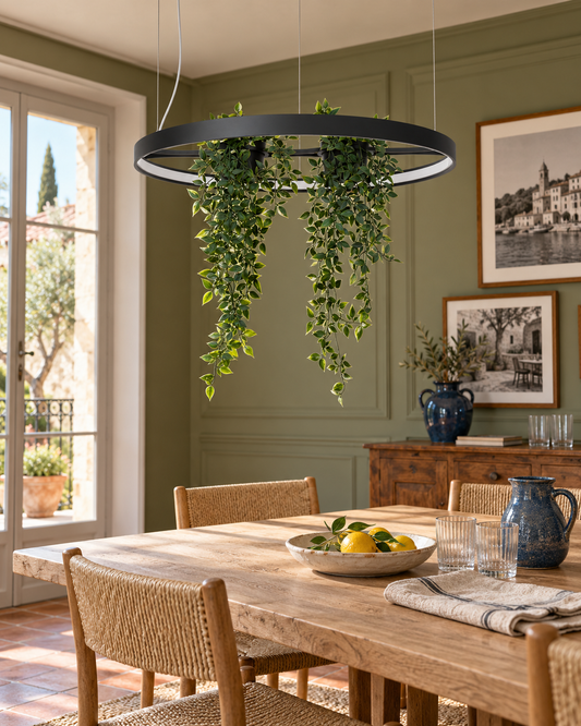Suspension Rio Bio noire Ø 78 cm avec plantes au-dessus d'une table de salle à manger