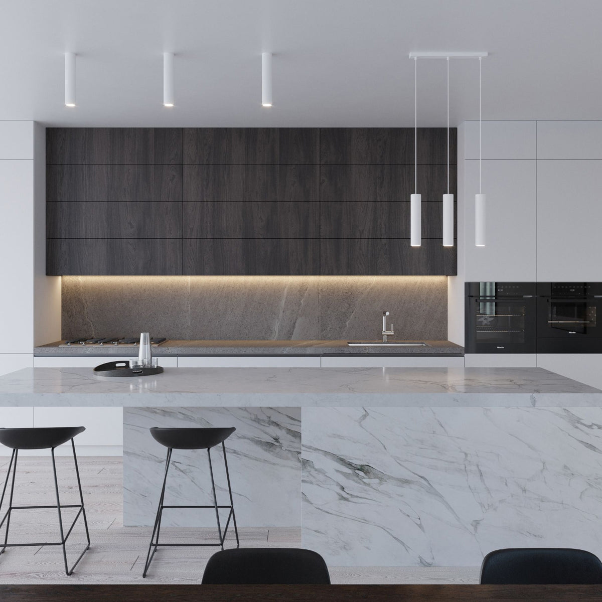 Suspension Lagos 3 sources blanche en acier brut, vue sous un autre angle