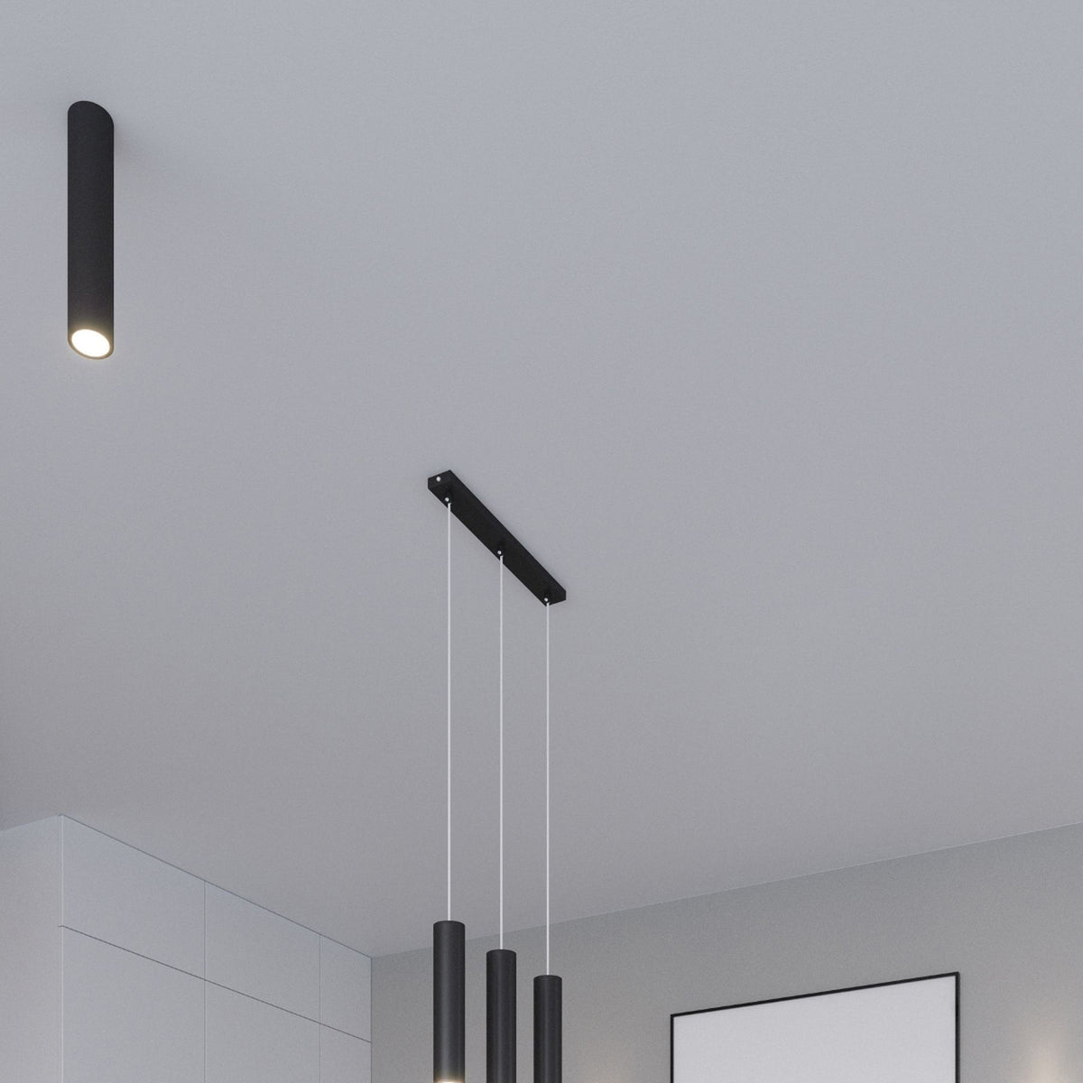 Suspension Lagos 2 sources noire en acier brut, vue d'ensemble