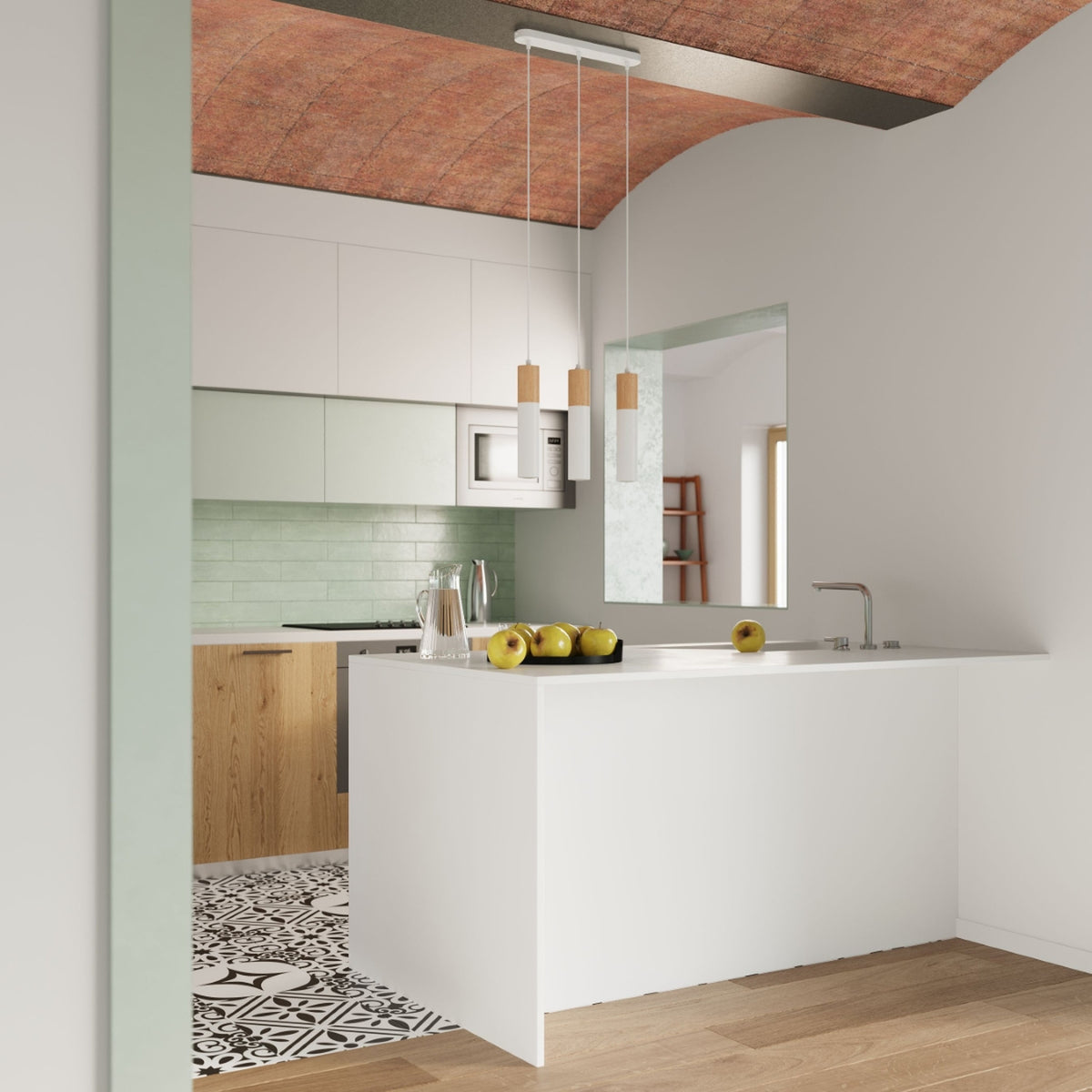 Suspension Pablo 3 sources blanche en acier et bois, vue sous un autre angle