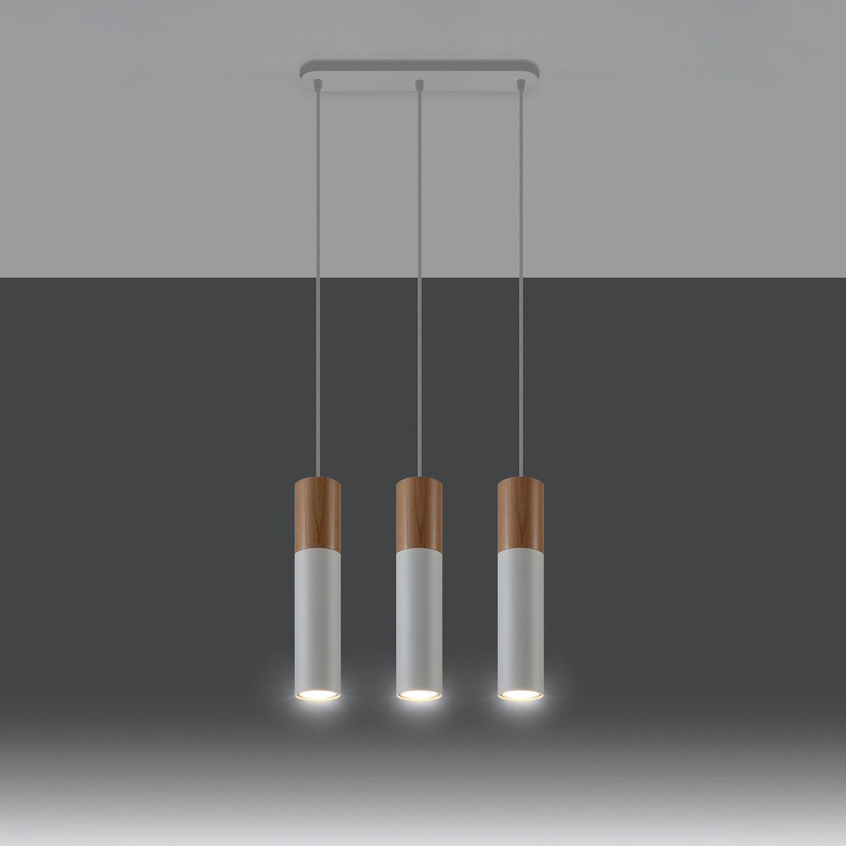 Suspension Pablo 3 sources blanche en acier et bois, autre vue