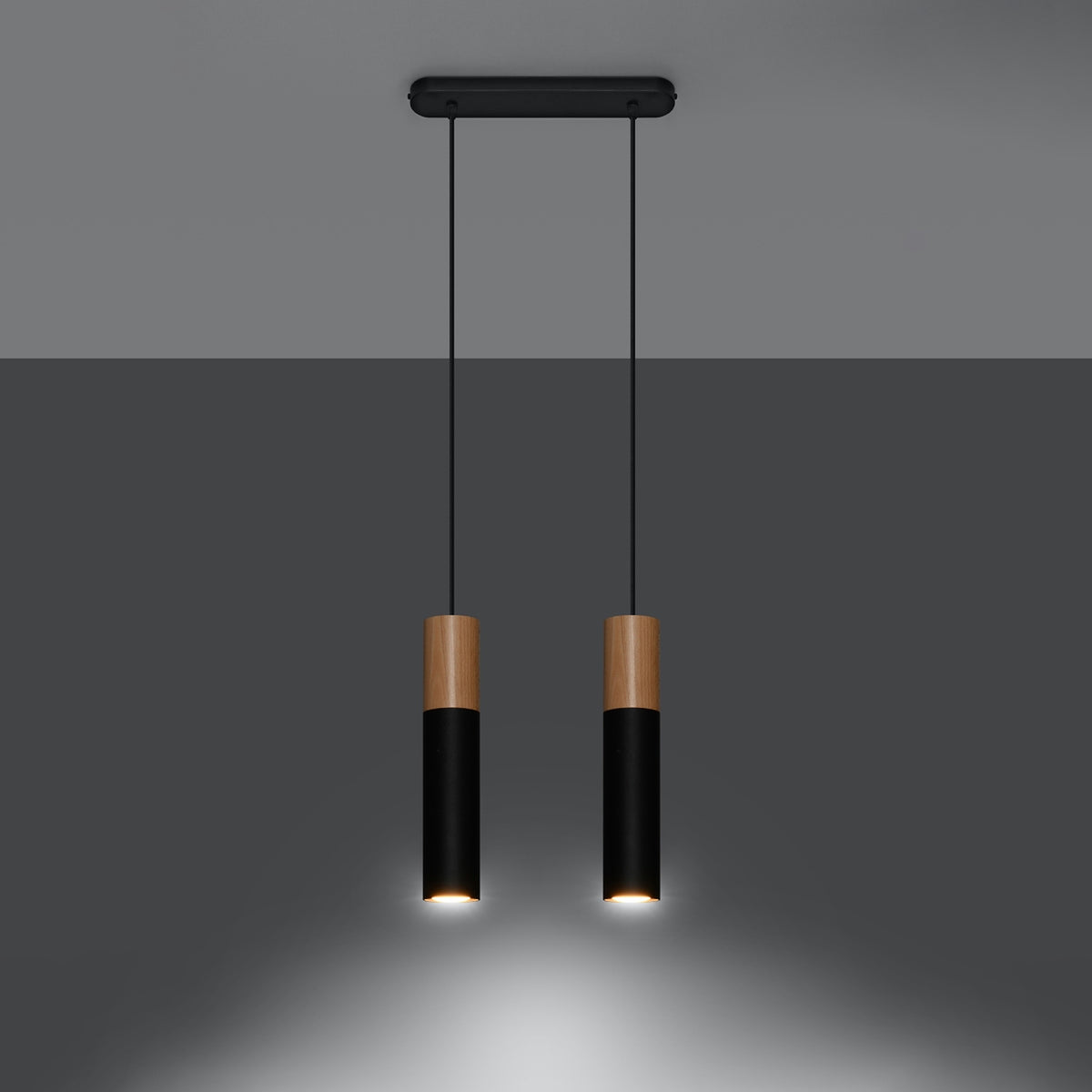 Suspension Pablo 2 sources noire en acier et bois, autre vue