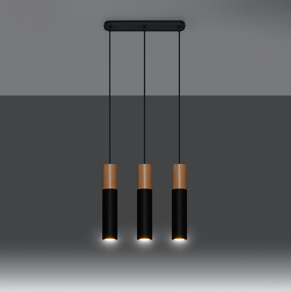 Suspension Pablo 3 sources noire en acier et bois, autre vue