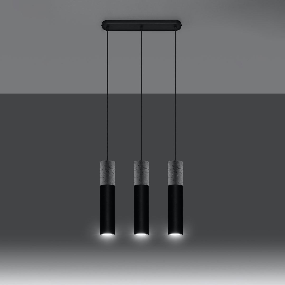 Suspension Borgio 3 sources noire en béton et acier, autre vue