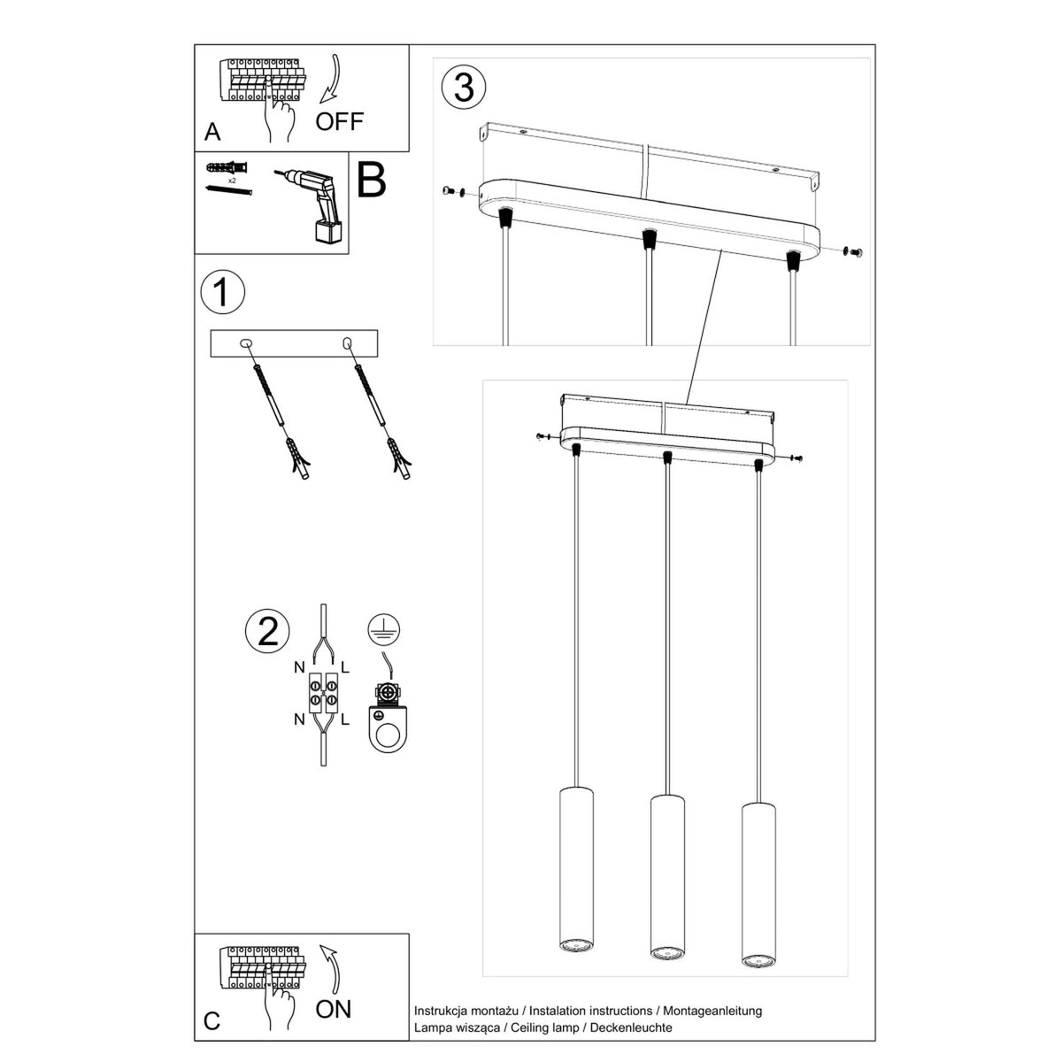 Suspension Luvo 3 sources en béton, détail de la finition