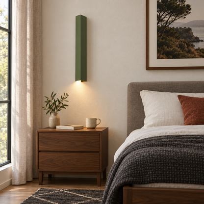 Applique Freya vert olive au-dessus d'une table de chevet dans une chambre