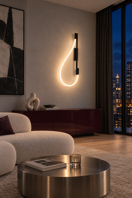 Applique Galakse allumée dans un salon le soir avec vue sur la ville