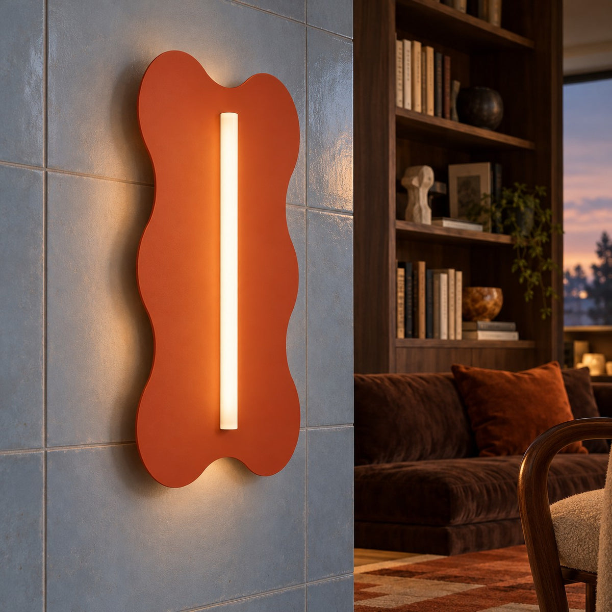 Applique Klover ocre rouge allumée sur un mur carrelé bleu dans un salon
