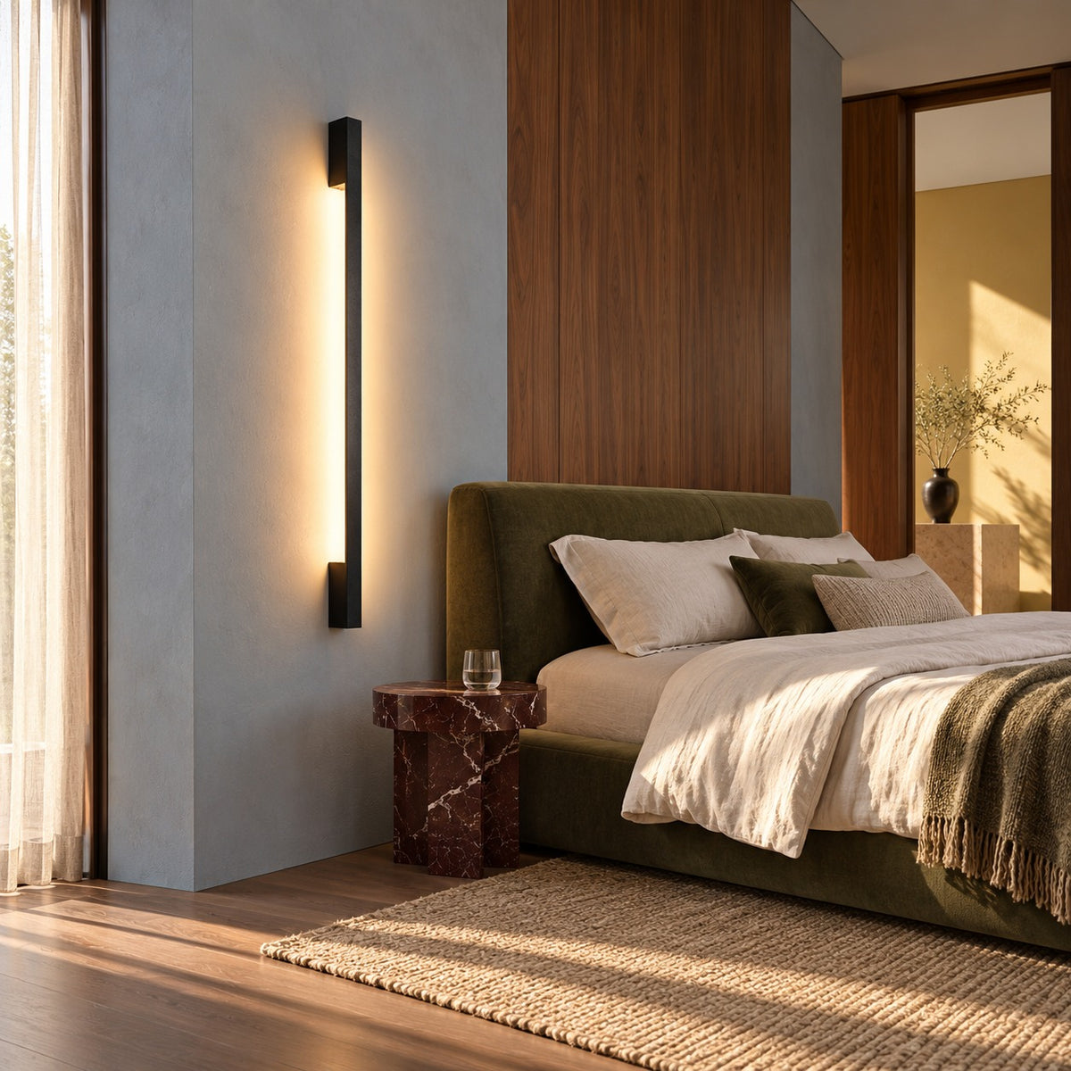 Applique Sappo noire dans une chambre olive et bois