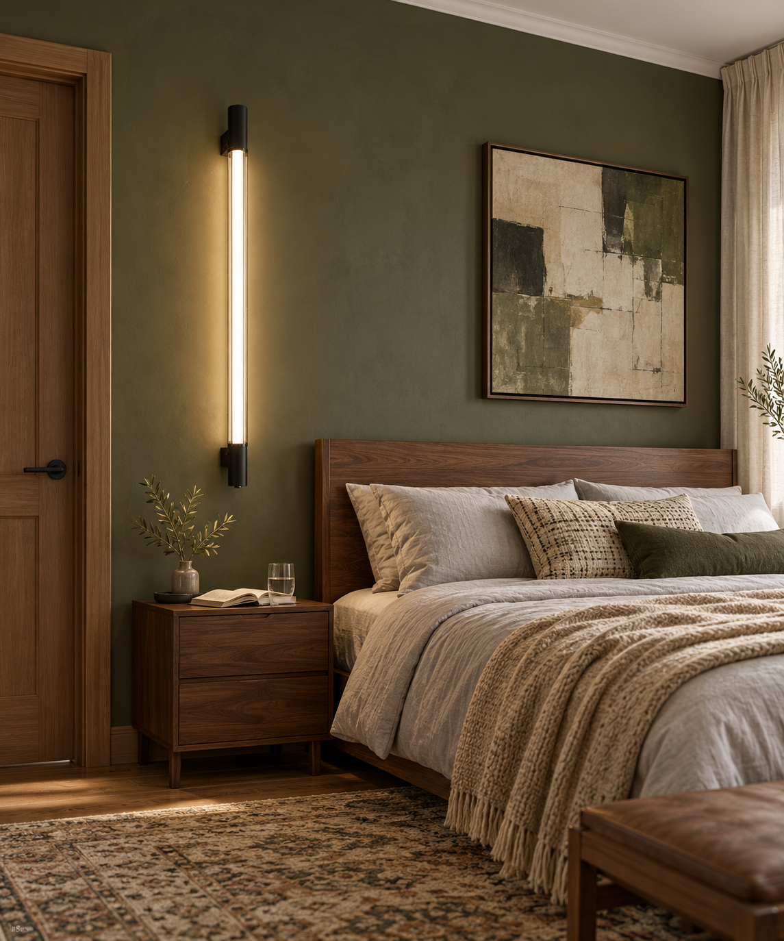 Applique Valo noire à côté d'un lit, chambre vert olive