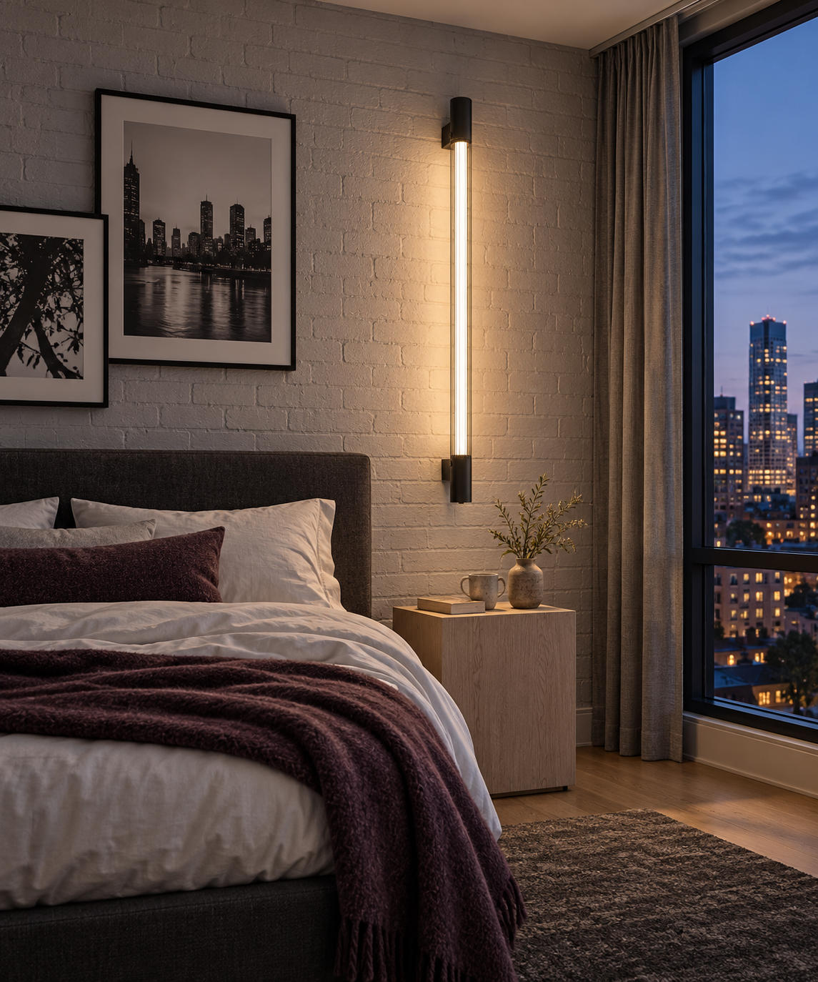 Applique Valo allumée dans une chambre le soir avec vue sur la ville