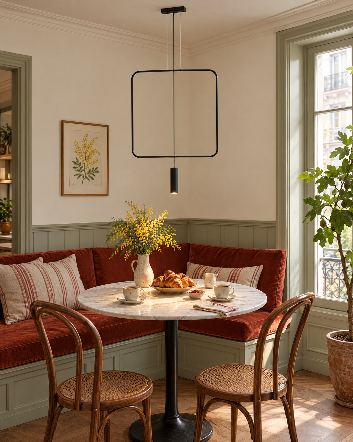 Suspension Rana 1 lumière noire au-dessus d'une table bistrot en marbre, coin petit-déjeuner