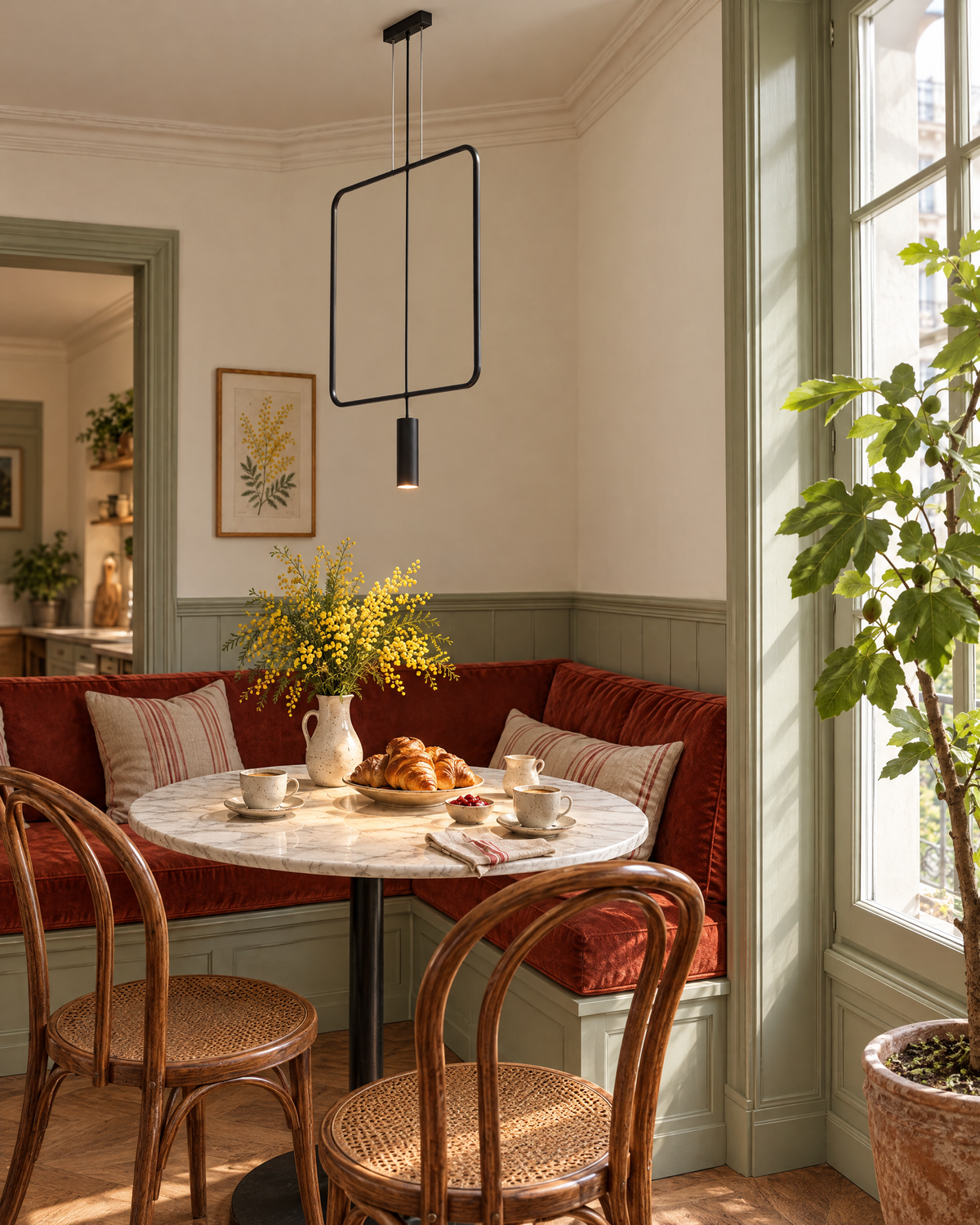 Suspension Rana au-dessus d'une table bistrot et d'une banquette en velours rouille, autre angle