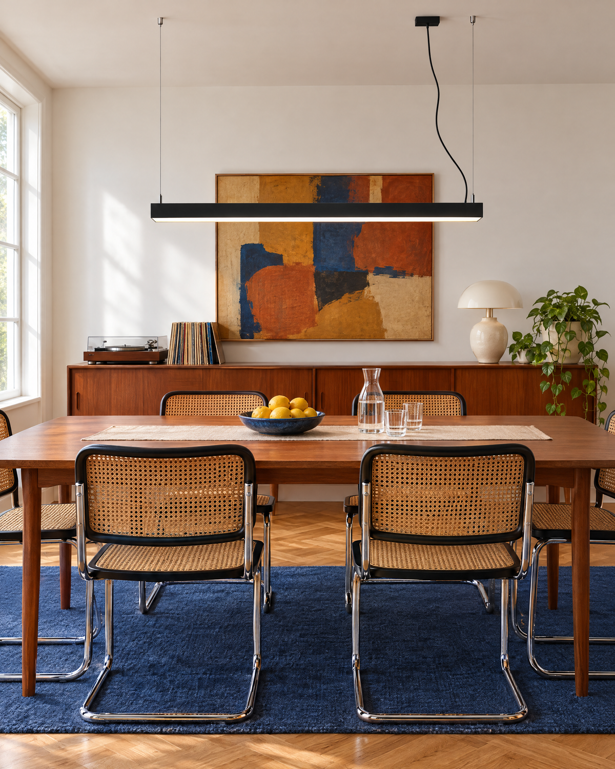 Suspension Pinne noire au-dessus d'une table en teck dans une salle à manger vintage