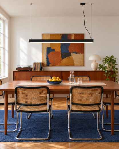 Suspension Pinne noire au-dessus d'une table en teck dans une salle à manger vintage