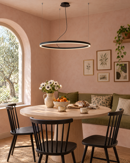 Suspension Oda anneau noir au-dessus d'une table ronde dans un coin repas rose poudré