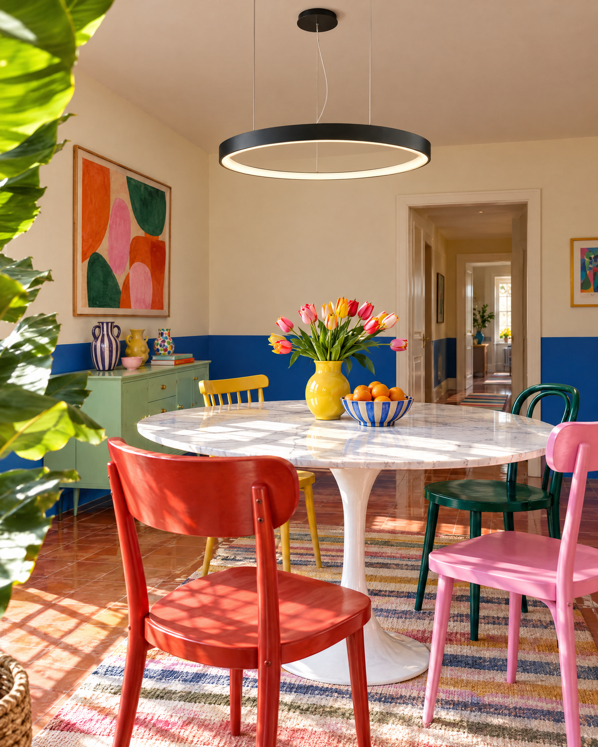 Suspension Rio noire vue depuis la fenêtre, salle à manger colorée et ensoleillée