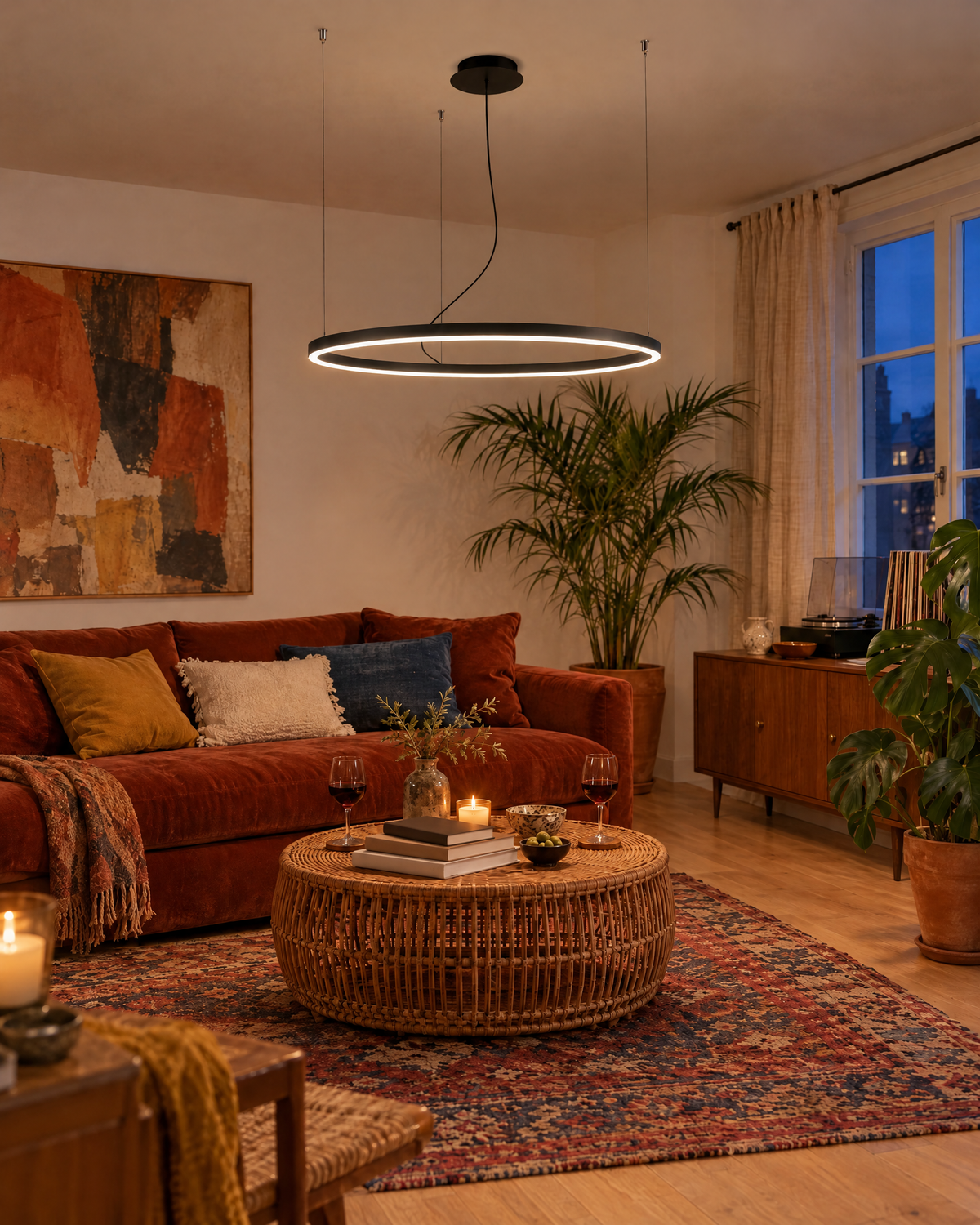 Suspension Oda anneau lumineux au-dessus d'un salon chaleureux le soir